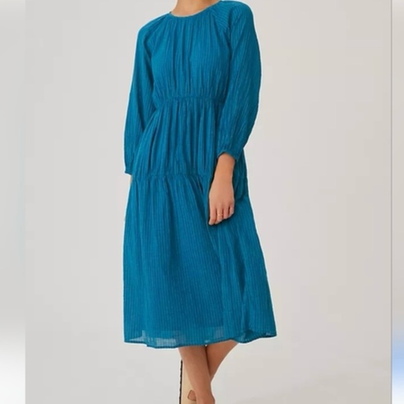 Sundry Dresses & Skirts - Sundry Teal Long Sleeve Flowy Midi Tiered Dress Subtle Stripes Boho Feminine